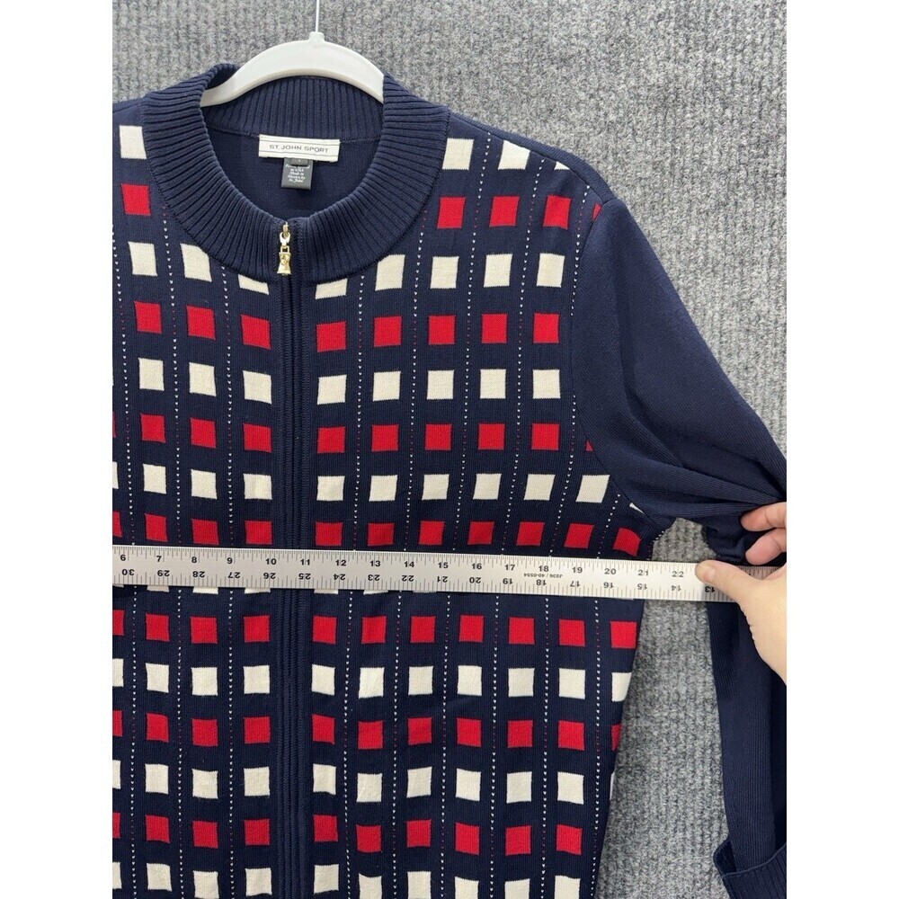 ST. JOHN Sport Wool Blend Cardigan Jacket Size Large Blue Red Full Zip Up Knit - Picture 7 of 8